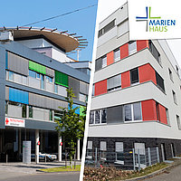 Zwei Gebäude des Marienhaus: links ein modernes Gebäude mit bunten Fassadenelementen, rechts ein schlichtes, mehrstöckiges Gebäude mit roten und grauen Fenstern.