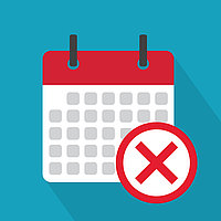 Ein Kalender mit roten Haken oben und einem roten Kreuz-Symbol daneben. Der Kalender hat ein Raster aus grauen Kästchen.