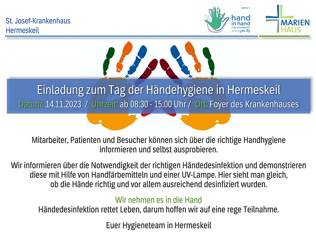 Einladung zum Tag der Händehygiene am 14.11.2023 von 08:30 bis 15:00 Uhr im Foyer des St. Josef-Krankenhaus Hermeskeil mit Informationen und Demonstrationen zur richtigen Händedesinfektion.