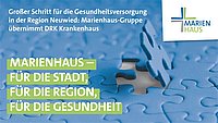 Blaues Puzzlestück in der Mitte, umgeben von verschwommenen Puzzlestücken. Text: 'MARIENHAUS – FÜR DIE STADT, FÜR DIE REGION, FÜR DIE GESUNDHEIT'.