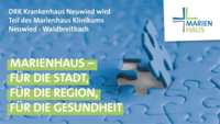 Ein blauer Puzzlestück wird in ein Puzzle eingesetzt. Text: 'MARIENHAUS – FÜR DIE STADT, FÜR DIE REGION, FÜR DIE GESUNDHEIT'.