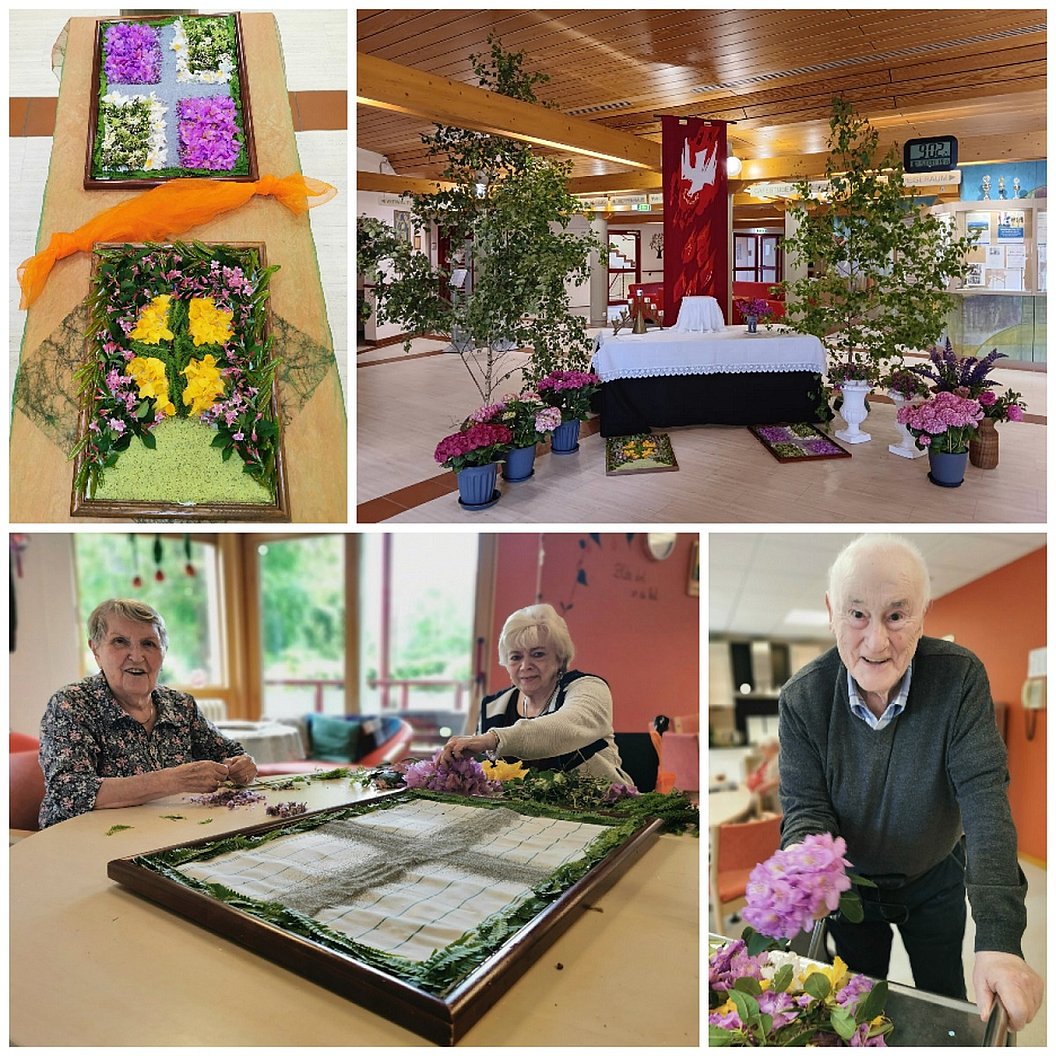 Blumenarrangement mit gelben und lila Blüten auf grünem Untergrund, dekoriert mit orangefarbenem Band und grünen Zweigen; Innenraum mit Altar, roten Fahnen und zahlreichen Blumentöpfen; zwei Personen arbeiten an einem großen Rahmen mit Pflanzen; Person steht an Tisch mit rosa Blumen.