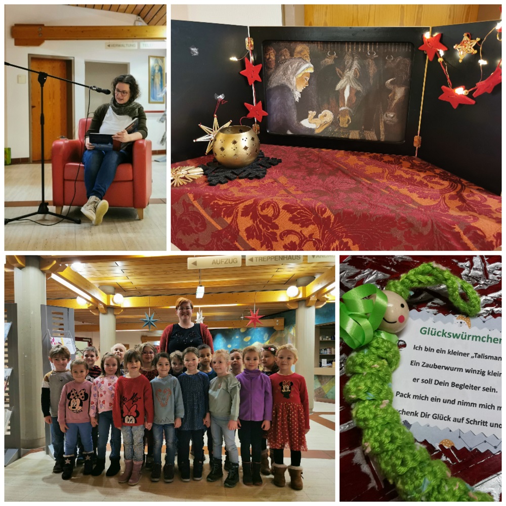 Oben links: Person sitzt auf rotem Sessel, hält Buch, Mikrofon davor. Oben rechts: Krippenszene mit Maria, Josef, Jesuskind, Engel und Sternen. Unten links: Gruppe Kinder und Erwachsene in Raum mit Holzdecke. Unten rechts: Grüner Glückswurm mit Zettel 'Glückswürmchen' und Text.